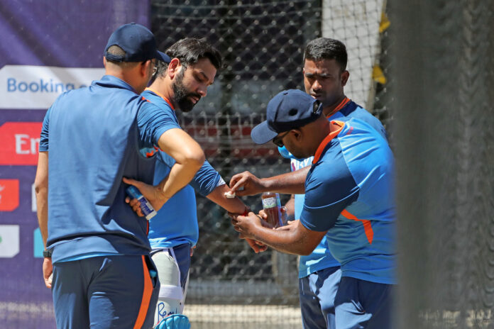Rohit Sharma gets hit on the forearm during a practice session
